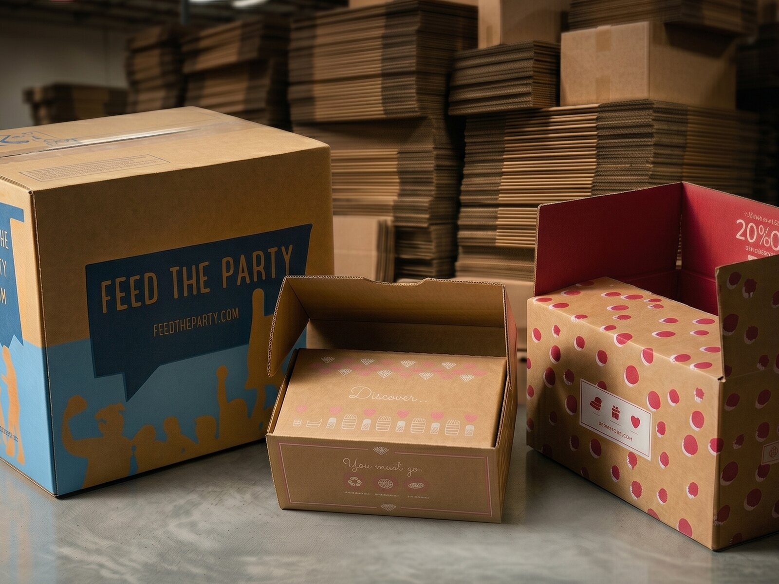Printed e-commerce corrugated boxes stacked in a warehouse — kraft Feed The Party mailer, custom-printed peach polka-dot retail boxes, and red-interior shipper