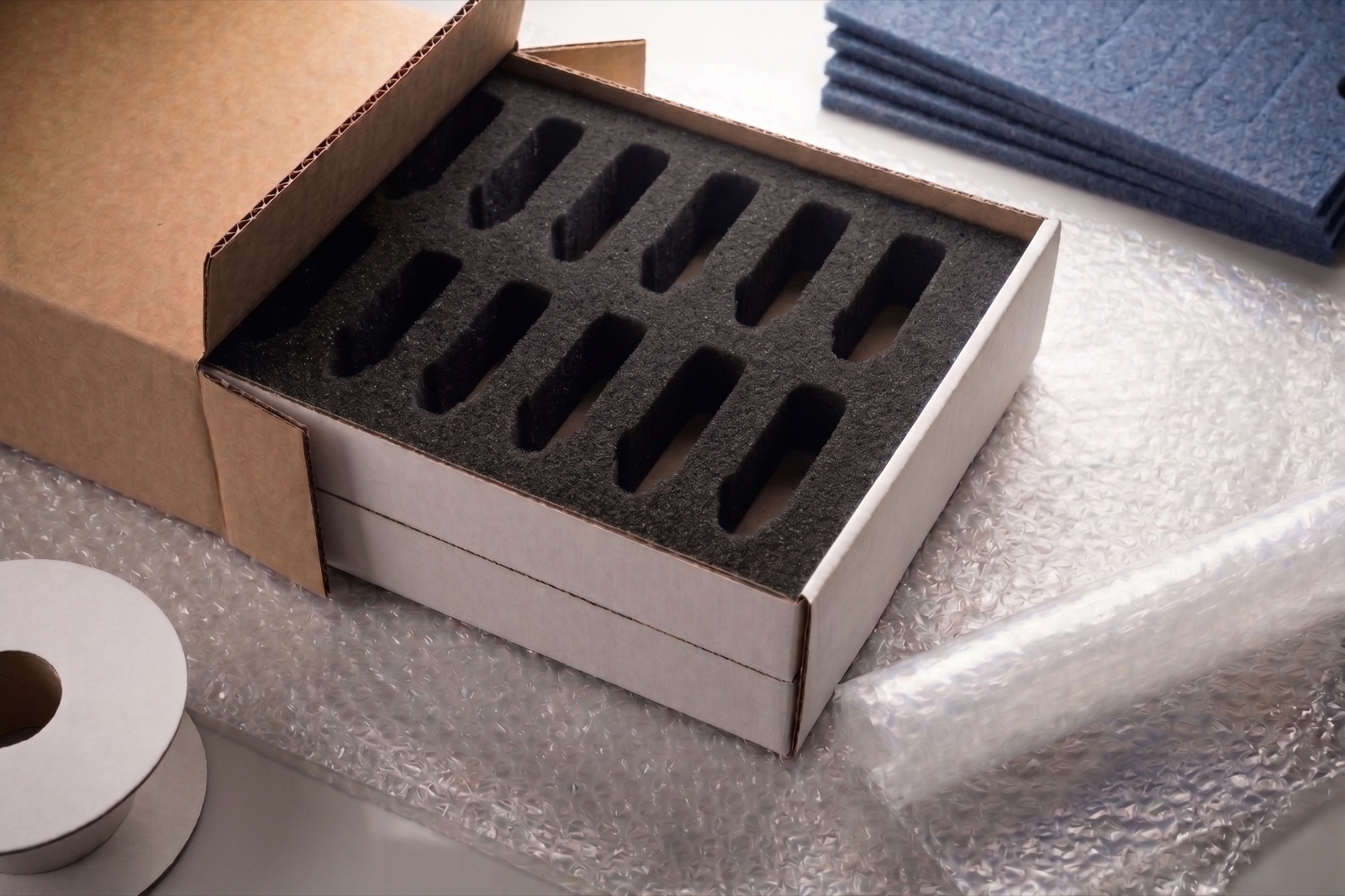Lineup of custom die-cut foam inserts — open-cell, closed-cell, and convoluted foam pack-outs engineered to product CAD for electronics, cosmetics, and medical devices
