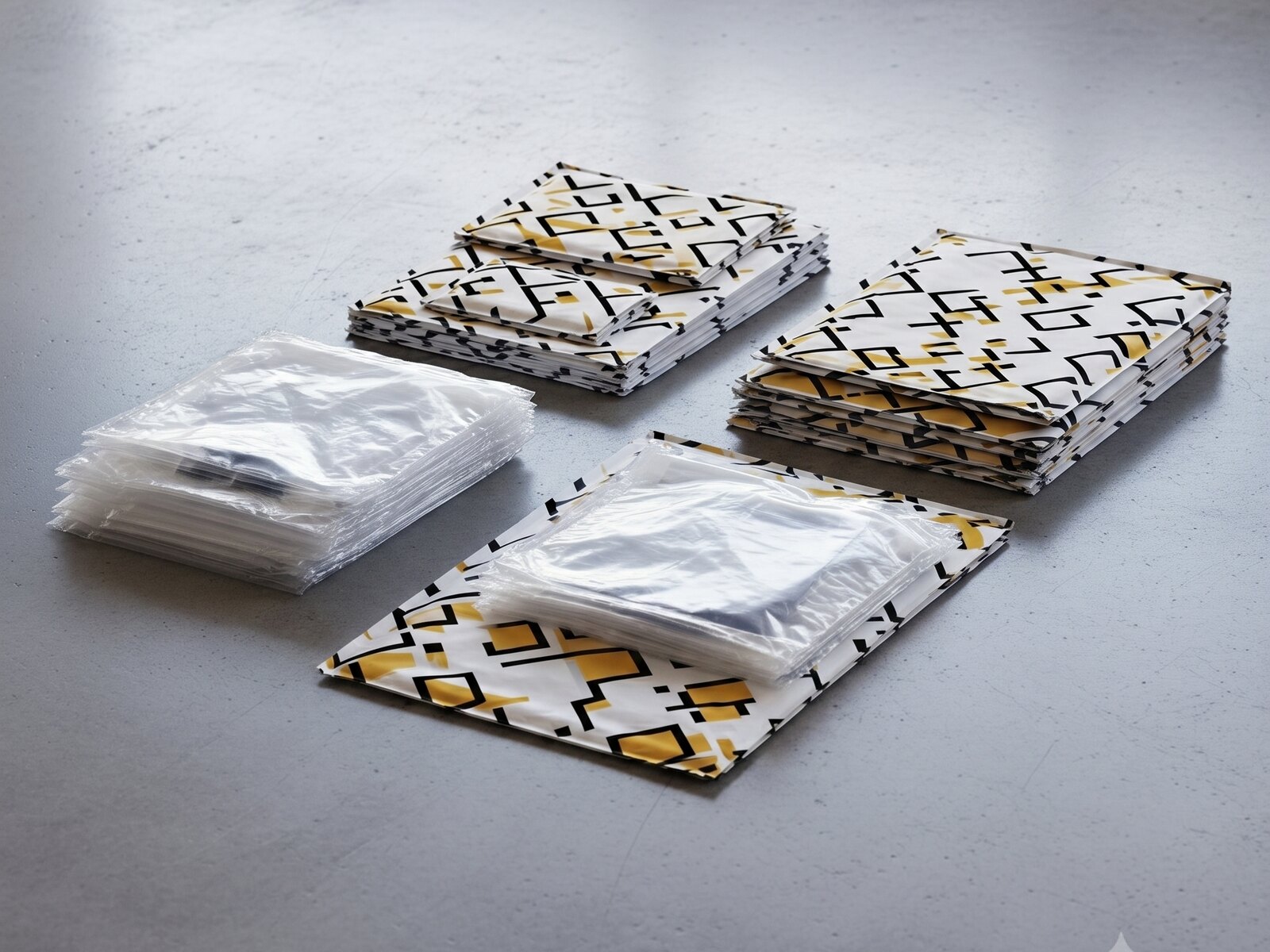 Custom-printed poly mailer bags — branded e-commerce shipping mailers in multiple colors with full-coverage flexo print