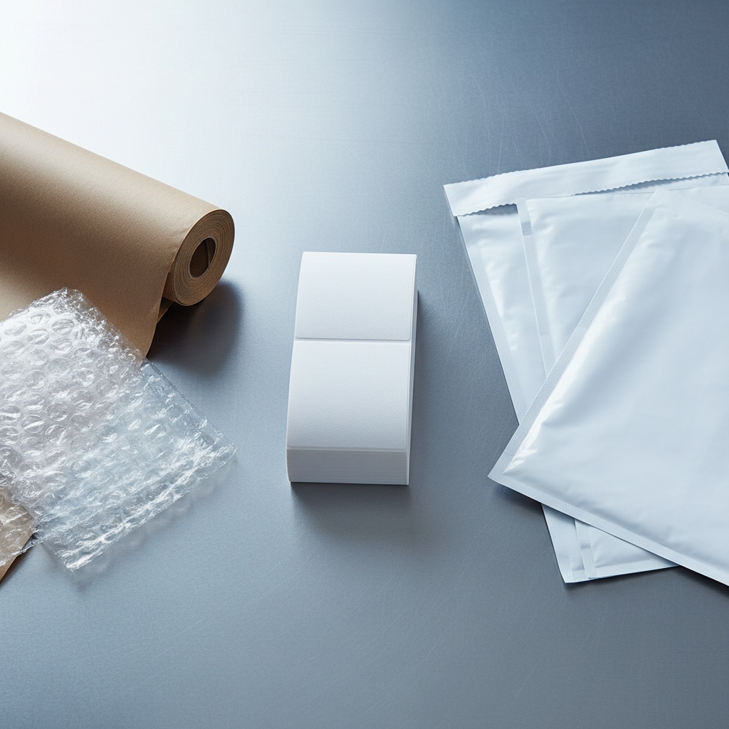 Roll of thermal shipping labels, kraft corner protectors, and a coil of steel strapping on a work bench