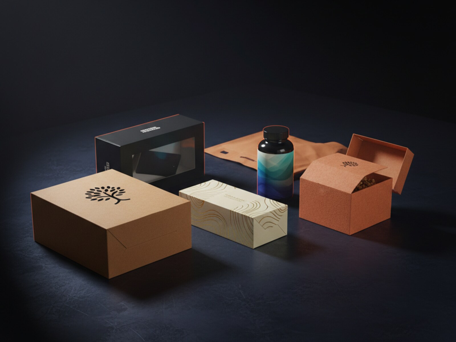 Variety of custom B2B packaging — kraft corrugated mailer, premium folding carton with foil-stamped pattern, electronics retail box with window, supplement bottle with custom sleeve, and a terracotta gift box arranged on a dark navy surface