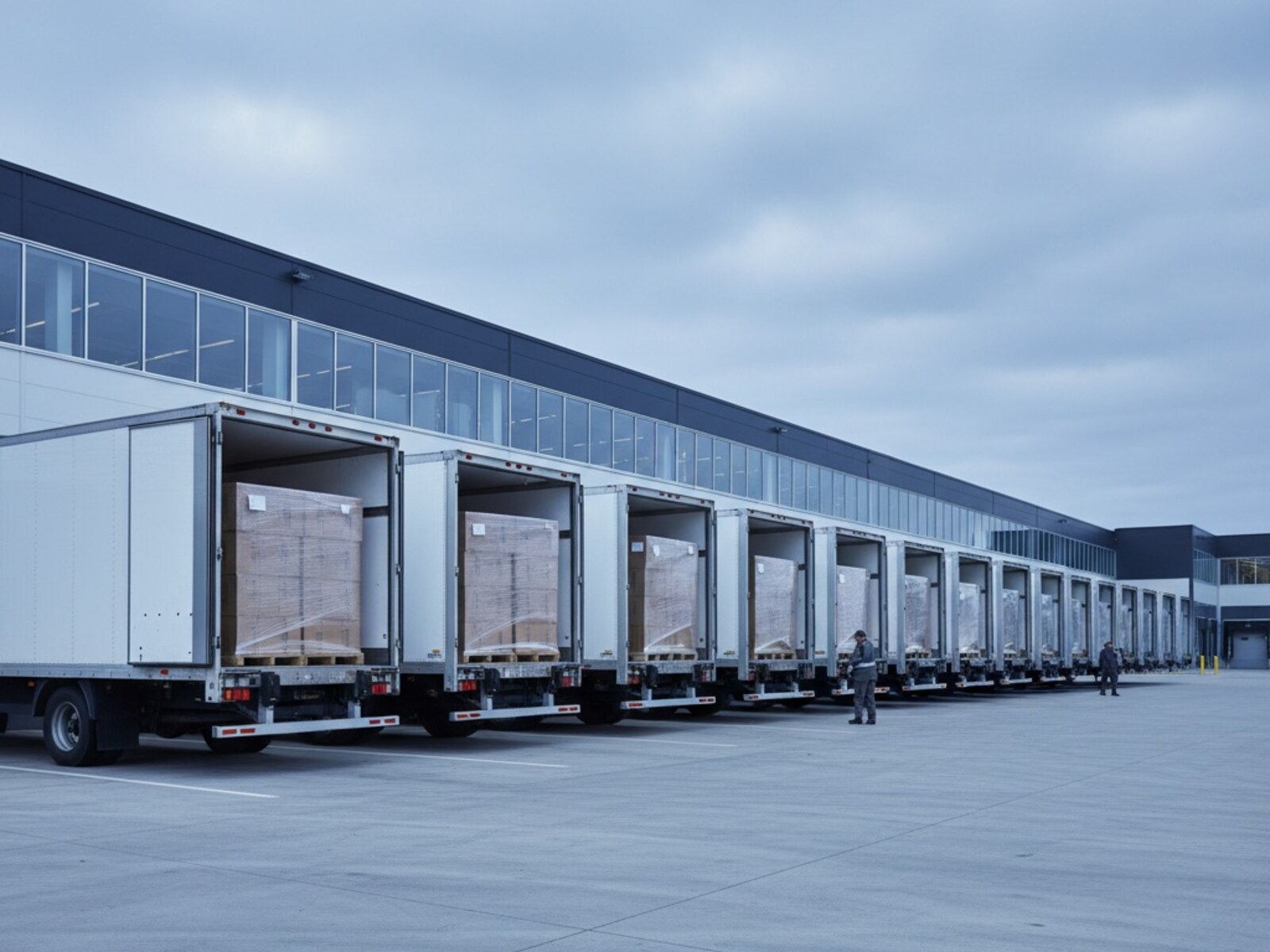 Row of delivery trucks at the Rox Packaging Fullerton loading dock, queued for daily statewide California shipments — pickup-window distance from Orange County, next-day fleet to LA, 1-2 day LTL across the state